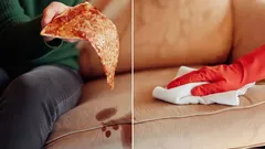 Odstranění skvrn od pizzy z čalouněné pohovky, čištění skvrn domácností.