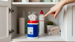 Úklidové prostředky a ručníky v bílé skříňce, ruka ukazuje na čistící ubrousky.