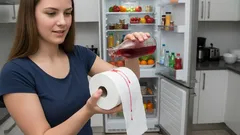Žena v kuchyni lije červenou tekutinu na toaletní papír, v pozadí otevřená lednice.