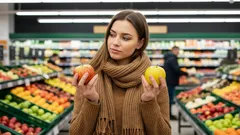 Žena vybírá mezi červeným a žlutým jablkem v supermarketu s ovocem.